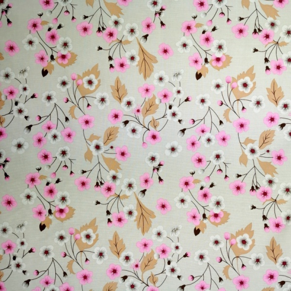 Floral Cotton Poplin - Silver and Pink Blossoms